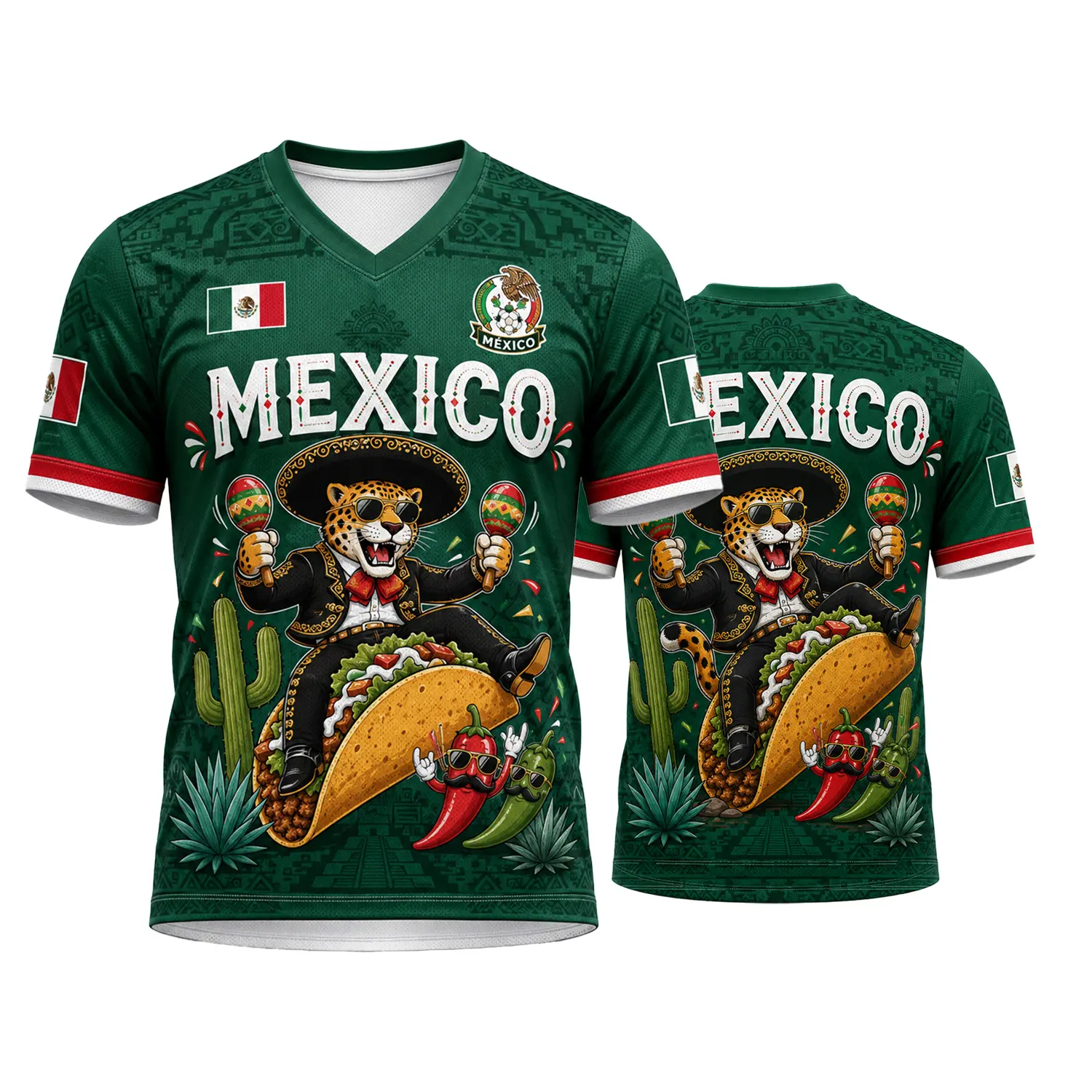 Men's Green V-Neck Soccer Style Shirt, Mexican-Inspired Funny Fiesta Cat Taco Graphic Short Sleeve Athletic Fan Top