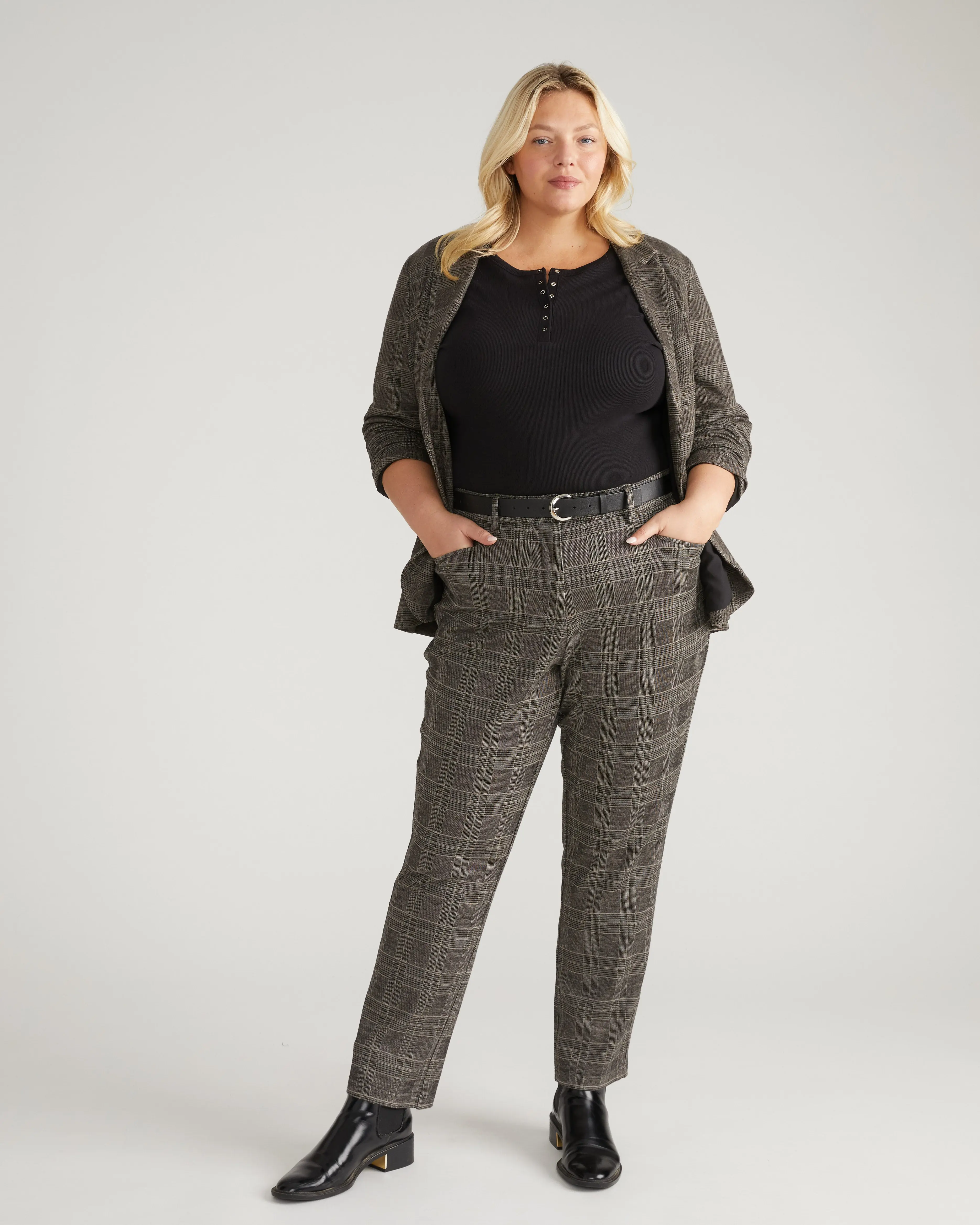 Women's Classic British Plaid Ponte Cigarette Cut Pants - Fitted Straight Leg Business Casual Bottoms with Extra Leg Room for Work, Bottom, Business Casual Pants, Checkered Pants