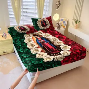 Virgin Mary Fitted Sheet Set, 1 Fitted Sheet and 2 Pillowcases No Core, Holy Image Surrounded by 3Roses, Soft Skin-Friendly, Anti-Slip, Wrinkle-Resistant, For Religious & Cultural Enthusiasts or Room Decor