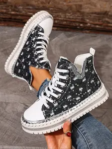 New High-Top Denim Style Women's Shoes, Thick Sole Lace-Up Casual Sneakers, Cool Ripped Design Elevator Shoes, All Seasons Fashion
