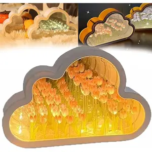 Mother's Day 20 Flower Tulip Night Light Cloud Mirror Light Decorative Night Lamp Bedside Table Lamp Bedroom Livingroom Desktop Decor Girls Birthday Christmas Gift - Pink, NL1-PK,Mother's Day, no need to assemble