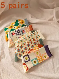 5 Pairs Cute Floral Mid-Calf Cozy Socks, Womenswear, Soft and Breathable, Vintage Style with Daisies, Plaid, Grid, Print Patterns, Perfect for Daily Wear
