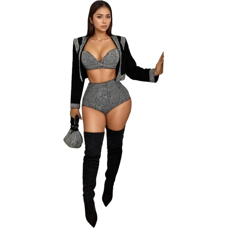 Women's Long Sleeve Rhinestone Bodycon Overalls - Stretchy Polyester, Breathable, Soft-to-the-Touch Jumpsuit for Evening Party, Club Outfits, Piece, Fabric, Rhinestones, Elastane, Fashion, Sexy, Stretchy Fabric, Polyester Blend, Bodycon Fit, Hot Drilling,