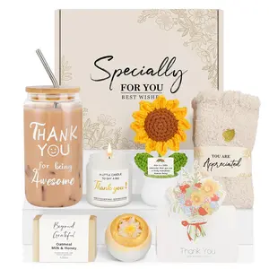 Thank You Gifts for Women,Thank You Baskets for Friends Mom Coworkers Teachers Employees Nurse, Thanksgiving Christmas Gift set with Thanks Cards, Awesome Glass Cup Vintage Waist Bags LED Pumpkin Candy Lights in the Dark Easter Egg Lights Box Crochet
