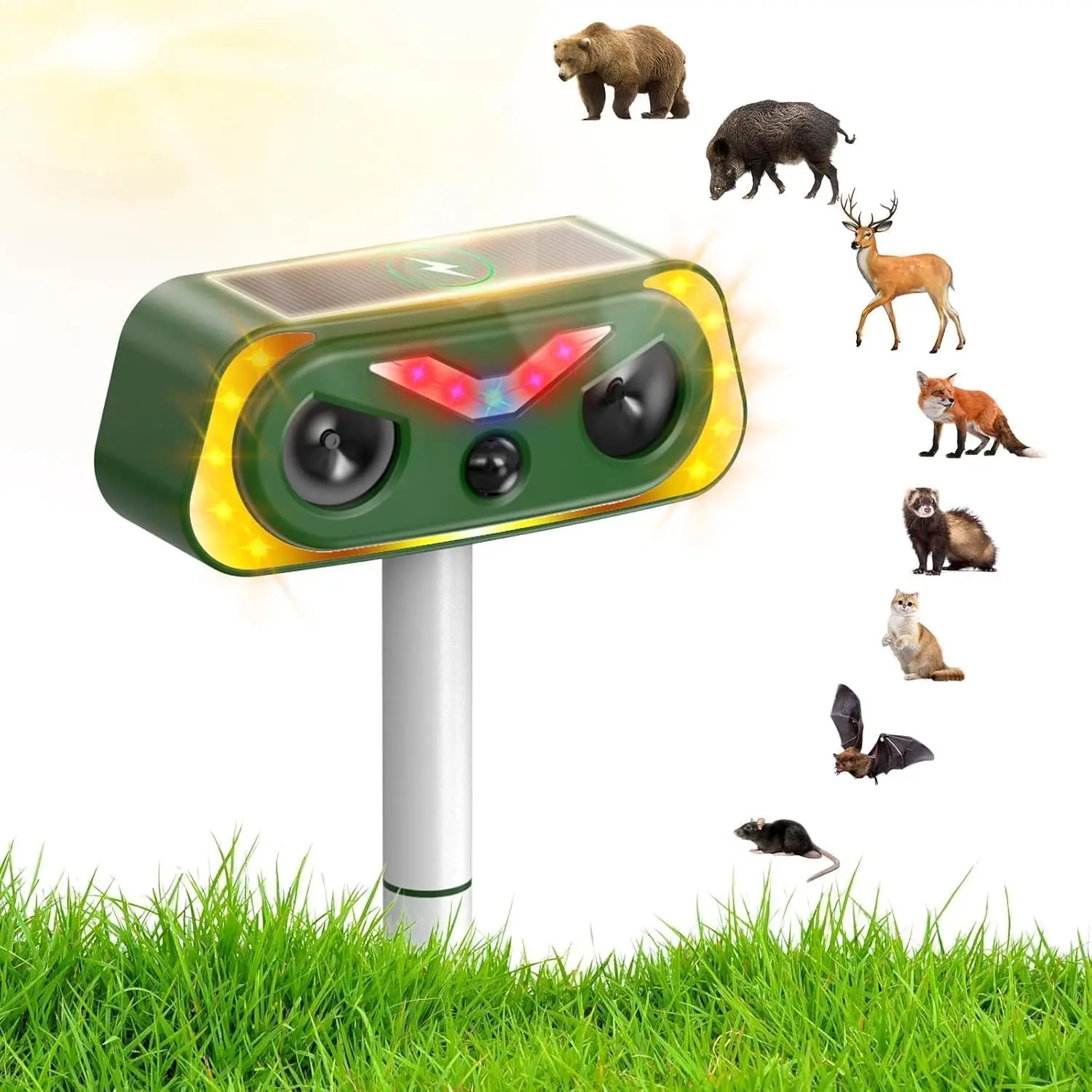 Solar Ultrasonic Electronic Pest Repellent Device - Outdoor Waterproof Motion Activated PIR Sensor Deterrent with Solar Lights, Flashing Lights, Humane Protection - Helps Deter Deer, Skunks, Rabbits, Raccoons, Cats, Squirrels - Control for Lawns, Gardens