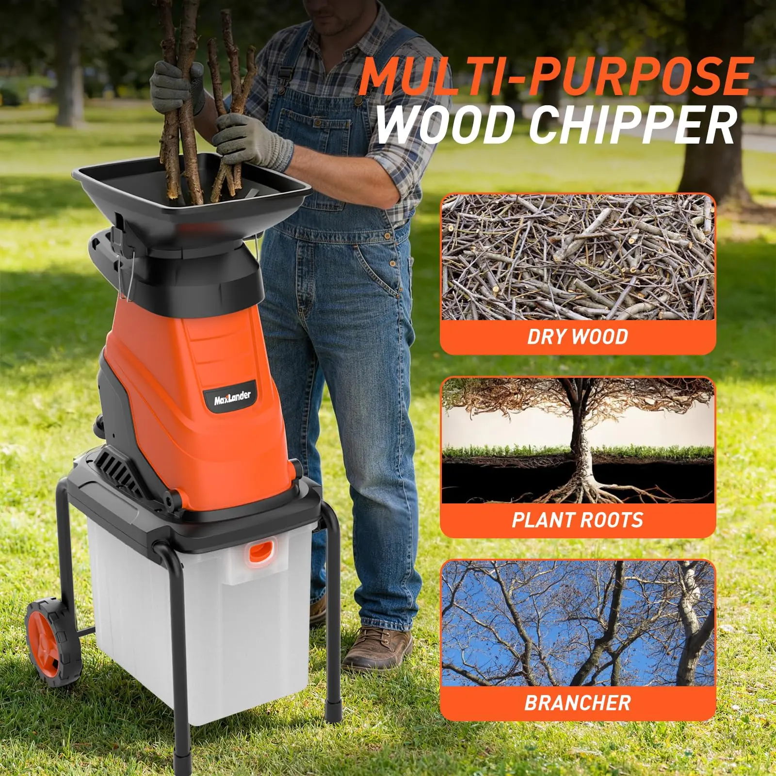 MAXLANDER 15-Amp Electric Wood Chipper Shredder, 1.78-Inch Cutting