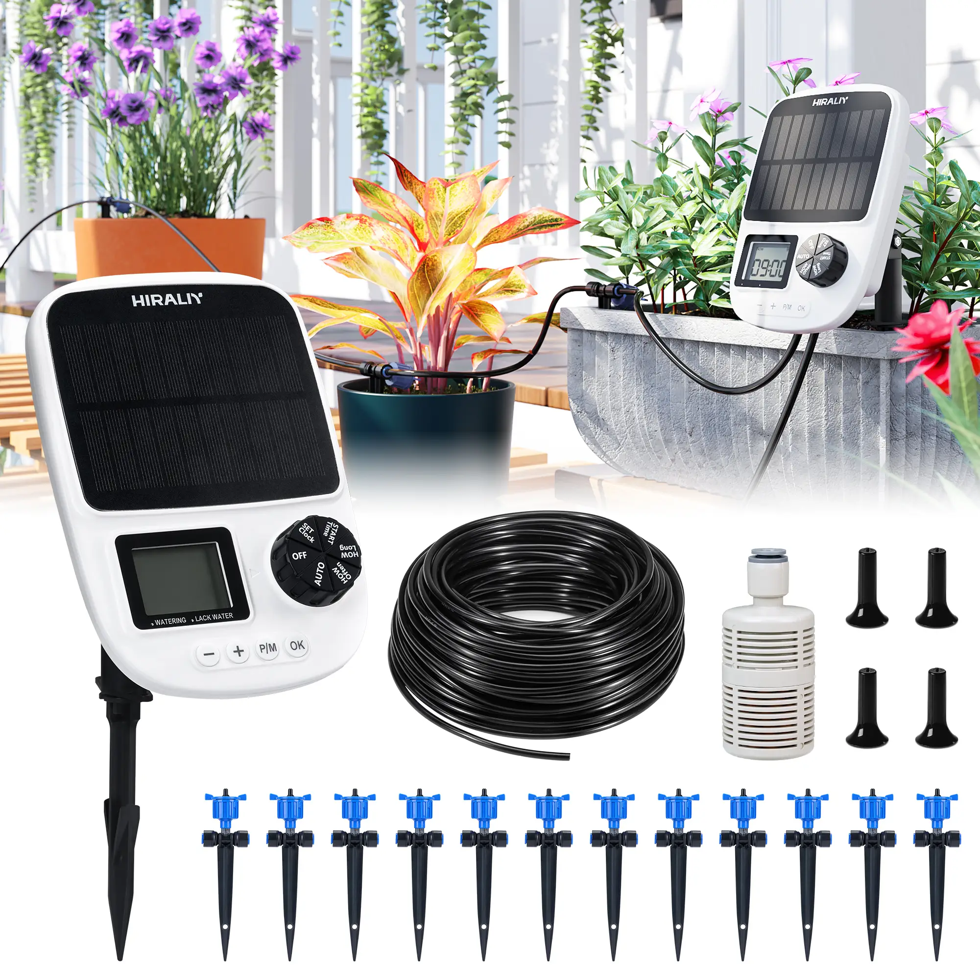 HIRALIY Solar Automatic Drip Irrigation System, Solar Powered Watering Device with Timer for Pots Plants, Pressure Balanced Drippers, Adjustable Water
