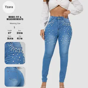 Yzara Women's Pearl Embellished Skinny Jeans Mid Waist Stretch Denim Pants Elegant Middle Wash All-Season Daily Wear