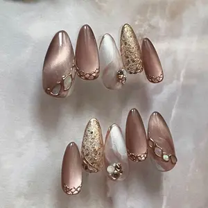 Elegant Cat Eye Almond Shape Nail Tips, Lace Trim with Opal Stone, Glitter Decorative Nails, Detachable Press-On Nails for Women Daily Use, Glossy Fake Nails