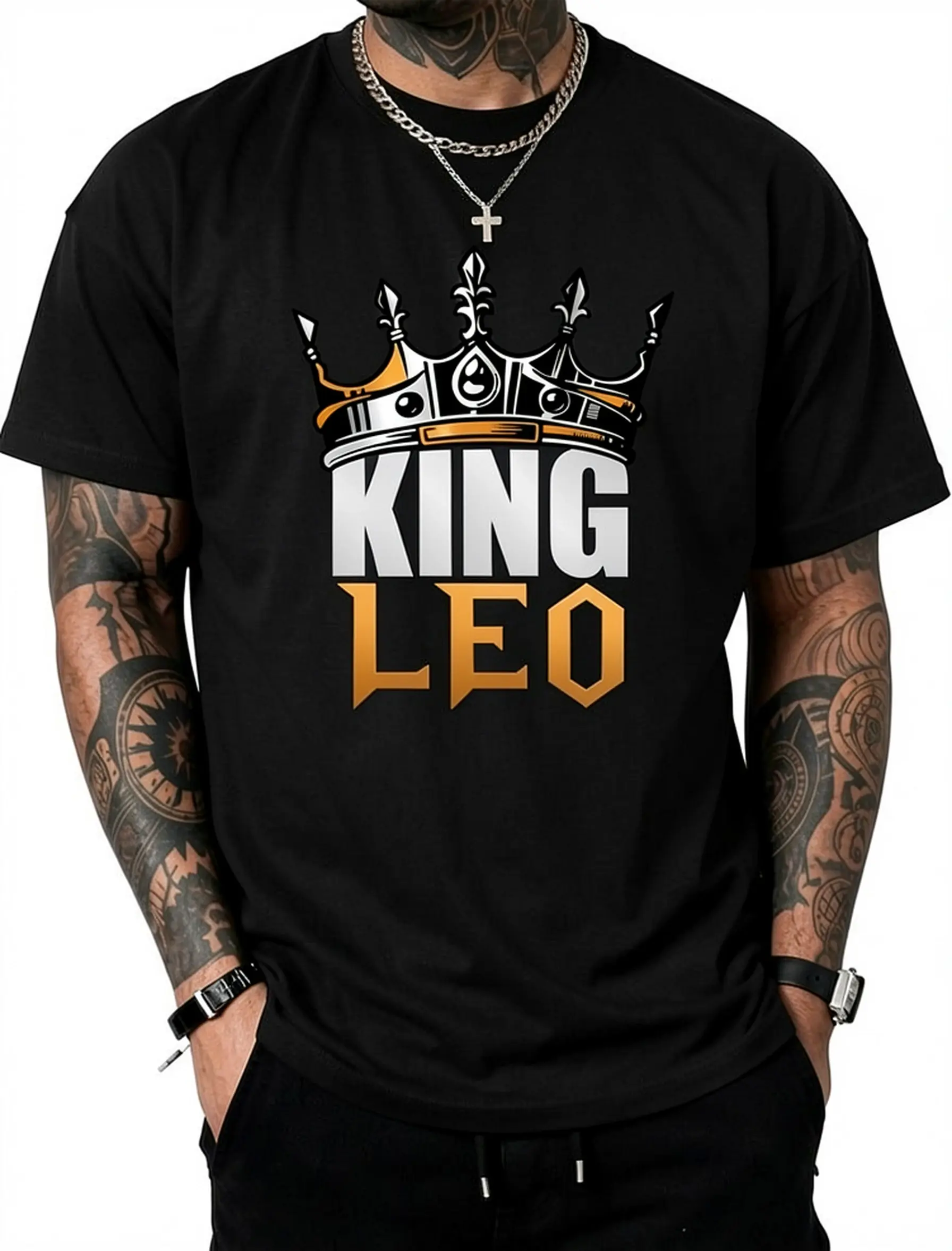 King Leo Zodiac Pure Cotton Short-Sleeve T-Shirt for Men - Zodiac Design, Playful Humor, Character Art, Distressed Look, Multi-Size Leo Birthday Gift, Graphic T Shirts, Zodiac Men's Short-Sleeve T-Shirts