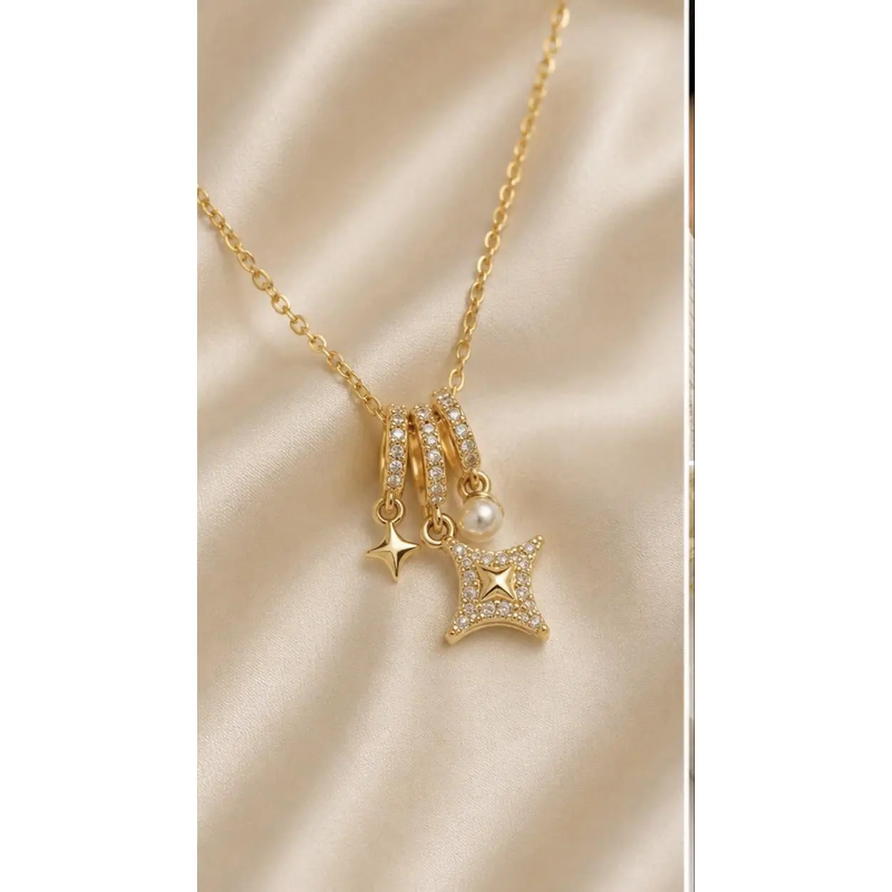 Neivora Collections 925 Sterling Silver Gold-Plated Celestial Charm Necklace with Pearl & Crystal Stars Anti-Tarnish Finish for Special Occasions