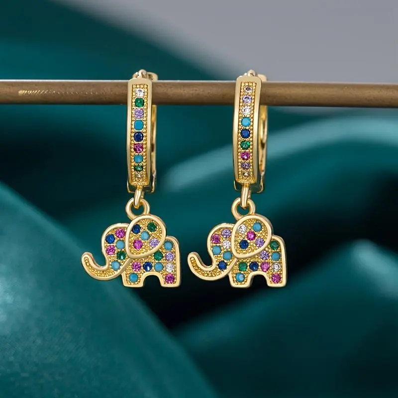 Women's 2-Piece Bohemian Retro Elephant Stud Earrings, Whimsical Copper-Inlaid Zircon Copper Earrings, Elegant Bohemian Premium Costume Fashion Accessories, Whimsical Earrings