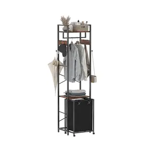 Coat Rack with Laundry Basket Hall Tree with Storage Shelves Rolling Laundry Hamper with Wheels