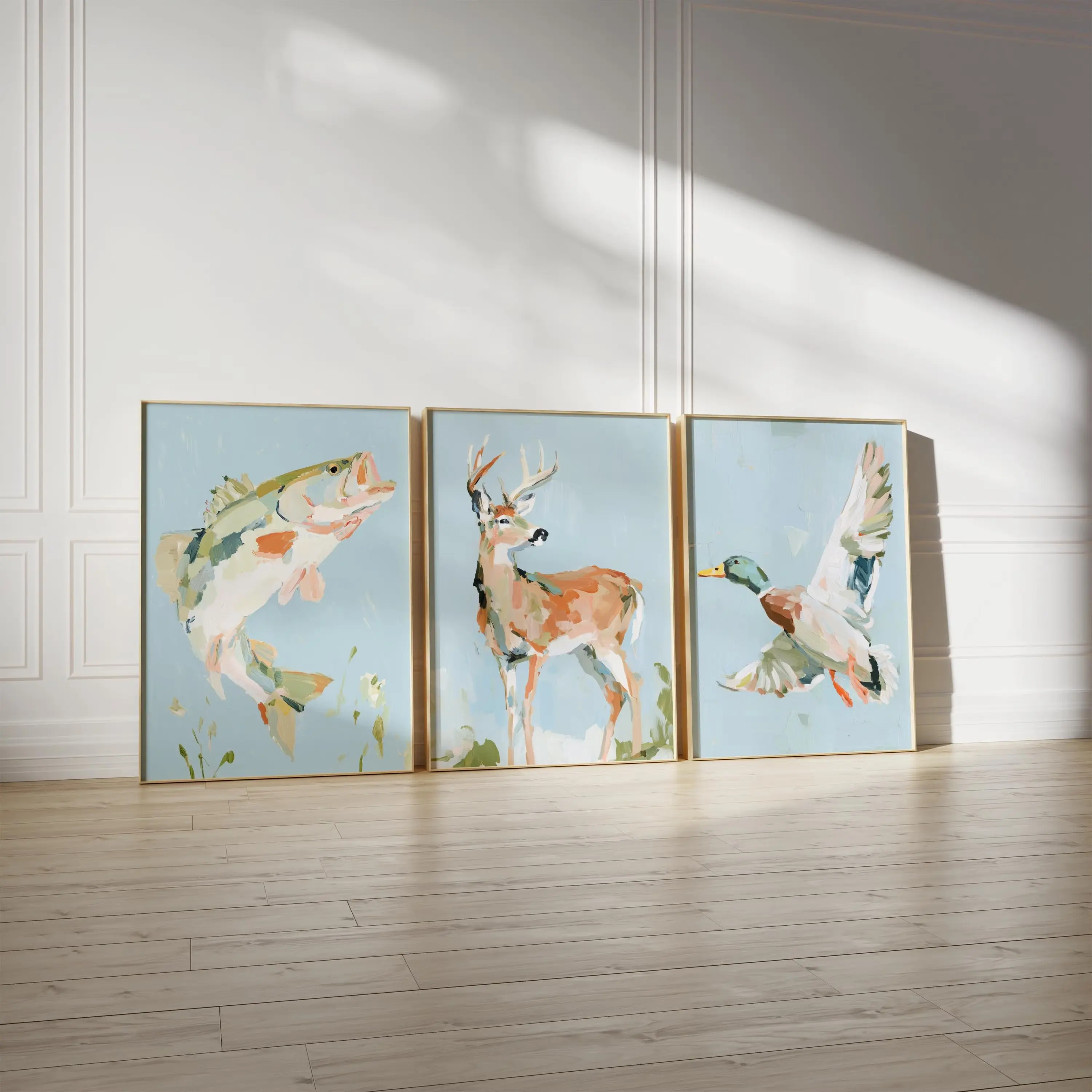 Mallard Duck Deer Fish Nursery Poster Unframed set 3 Baby Boy Hunting Decor, Blue and Green Nursery Prints Ellie Taylor