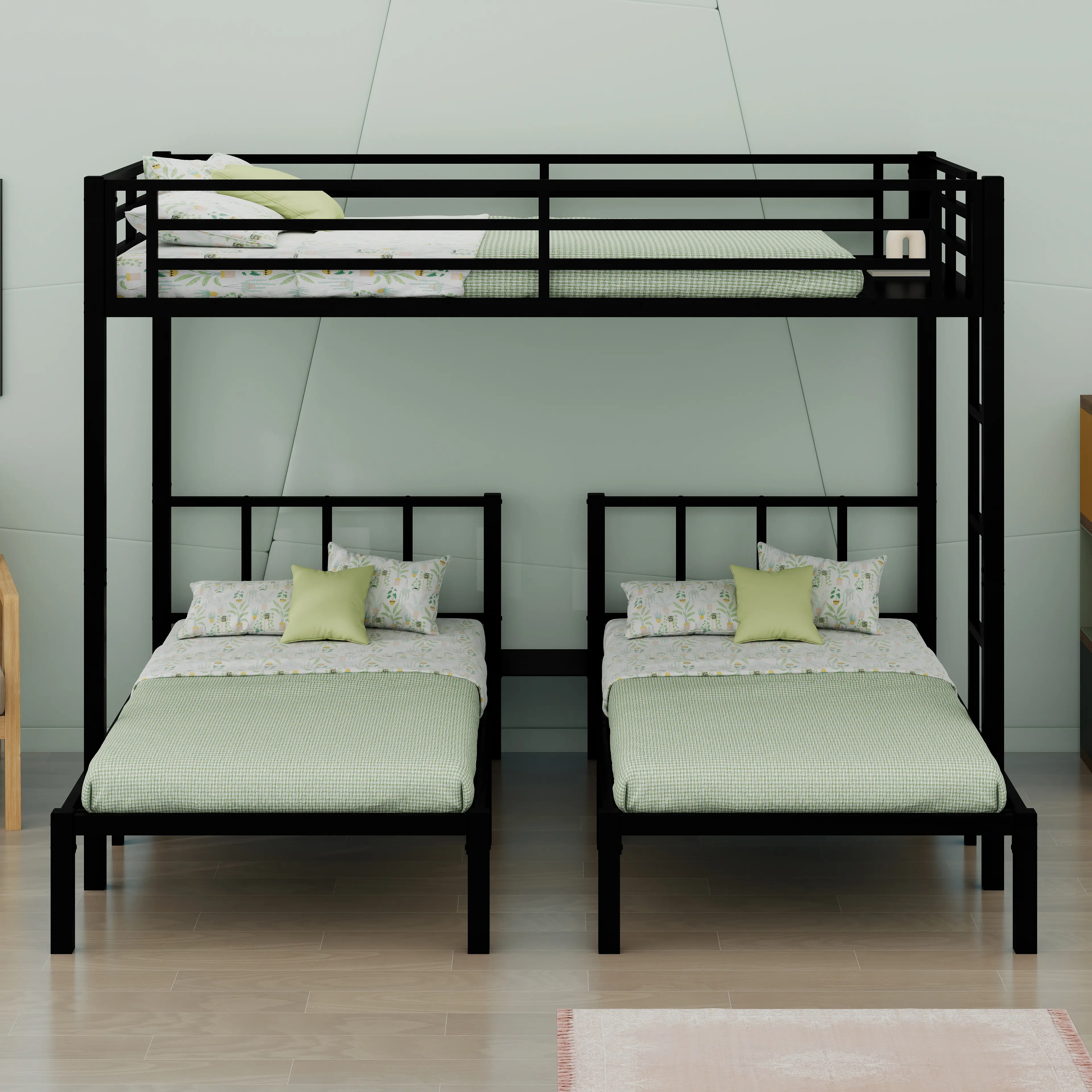 Space-Saving Black Triple Bunk: Twin over Twin over Queen with Full Guardrails