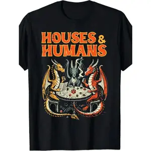 Men's Funny Inspired T-Shirt - Houses & Humans RPG Parody Gamer Tee With Dragon & Wizard Battle Design, 100% Comfort Fit Casual Tabletop Gaming Apparel For D&D Fans, Retro Style Crew Neck