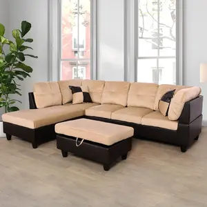 L-Shaped Corner Sofa Set Three-Seater with Chaise Lounge Microfiber Storage Footstool for Small Apartment Living Room Left & Right Armrests