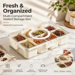 Multi-compartment airtight food storage box with handle, leak-proof dividers, suitable for picnics, meal preparation, and daily use by children.