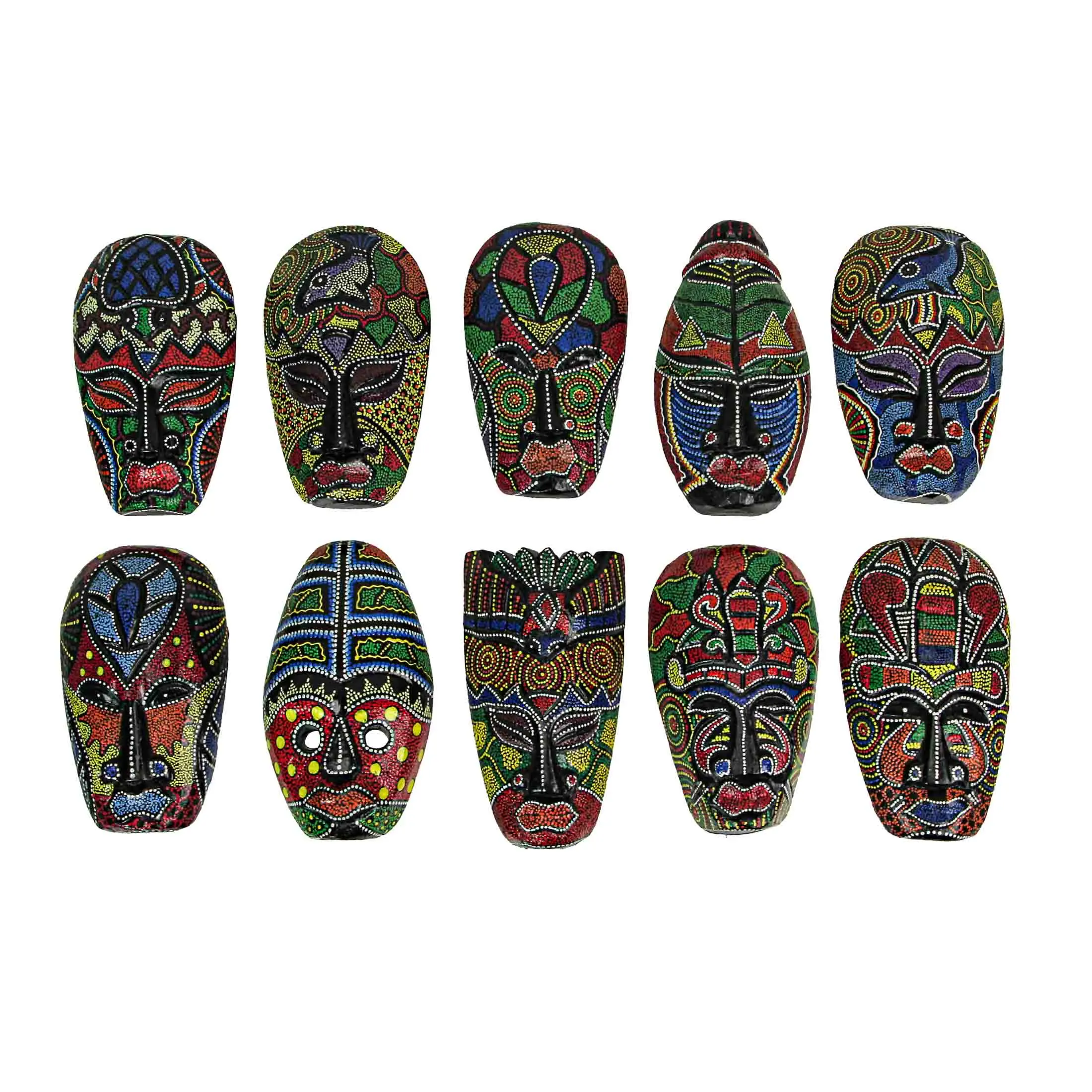Set of 10 Dot-Painted Tribal Masks - 6in Wood for Unique Wall Art