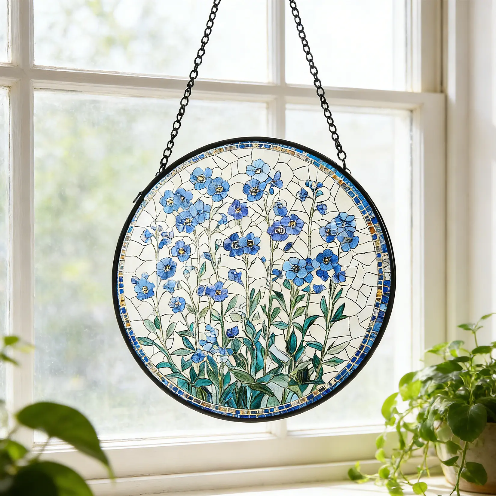 7.9" Round Stained Glass Suncatcher, Forget-Me-Not Floral Design Art Glass Panel with Metal Hanging Chain, Vintage Style Window Ornament for Home Patio Garden Decor