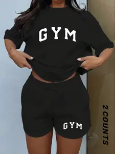 Summer Casual Loose-Fitting Retro Letter Gym Print T-Shirt and Stretchy Wide-Leg Gym Shorts Set, Comfortable and Stylish for Women, Workout Sets Women