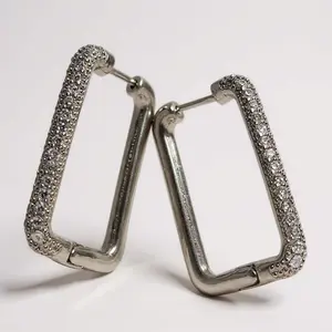 Rectangle Hoop Earrings for Women with Cubic Zirconia Accents-Daily Wear Lightweight Metal Alloy Design