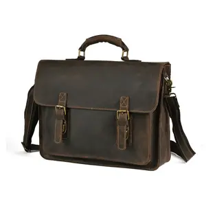 Crazy Horse Leather Men's Handbag Business Retro Genuine Leather Briefcase 15inch Crossbody Laptop Bag Top-Grain Cowhide Solid Color
