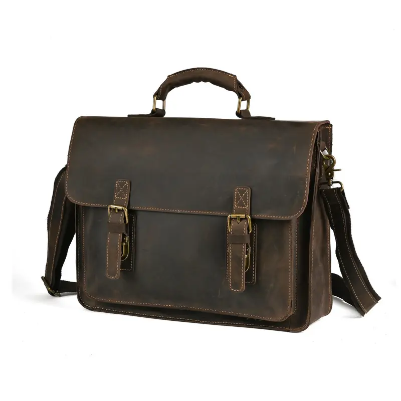 Crazy Horse Leather Men's Handbag Business Retro Genuine Leather Briefcase 15inch Crossbody Laptop Bag Top-Grain Cowhide Solid Color