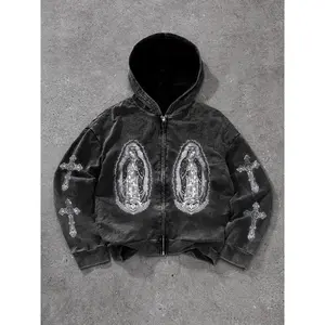 Men’s regular-fit zip-up hoodie with cross print, casual long-sleeve hooded jacket for everyday wear, fashionable men’s clothing for all seasons, cotton, graphic menswear, casual streetwear looks