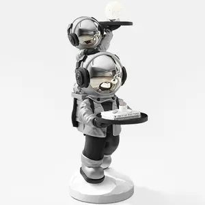 Homary Metallic Astronaut Resin Sculpture Side Table with Tray Top, Silver Indoor Furniture for Room Decor & Ornaments