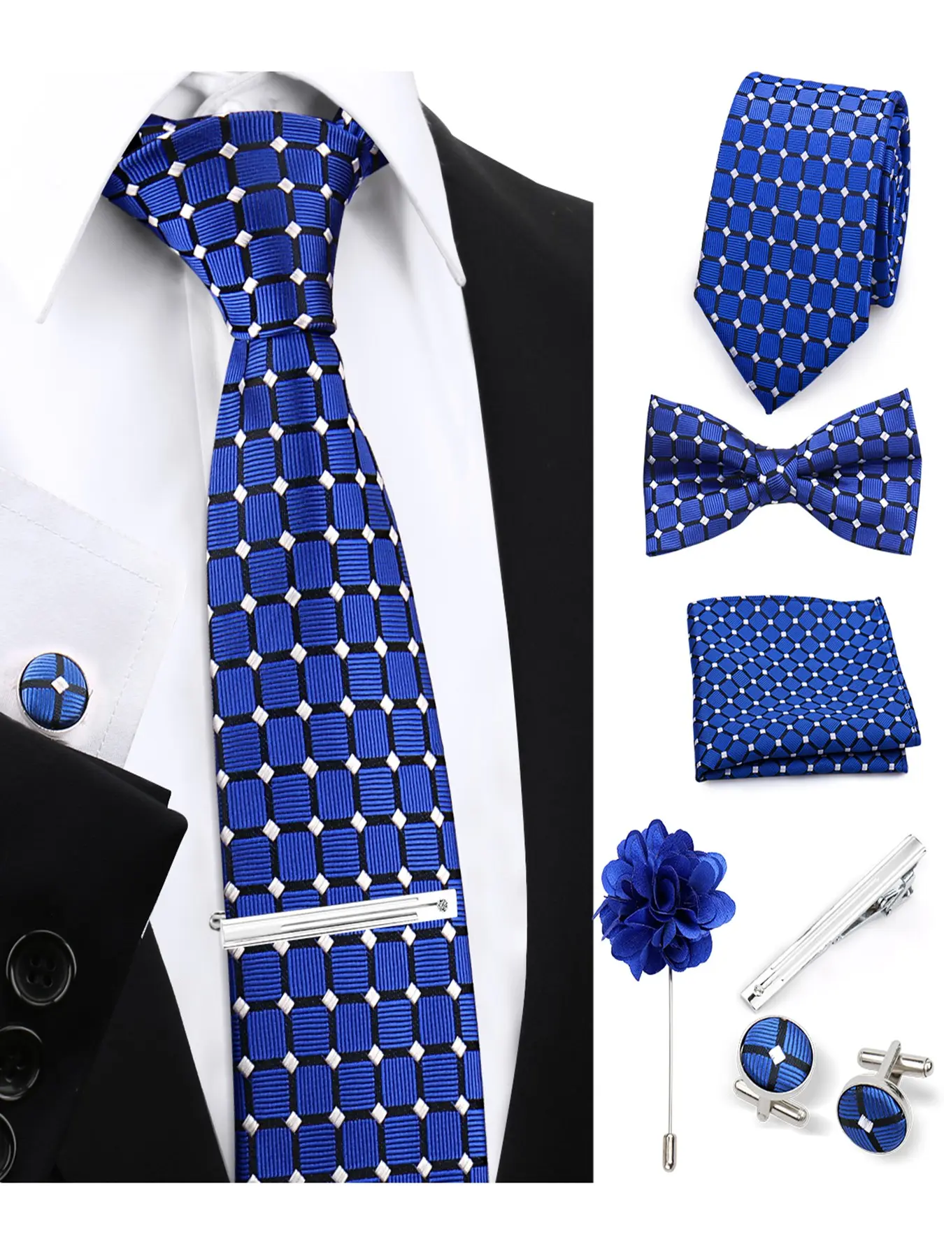 Men's Tie Set, 6-Piece Fashion Design, Stylish Tie Design, Necktie, Bow Tie Striped, Handkerchief, Cufflinks, Lapel Pin, Wedding, Party, Event Accessories, Bow Decor Tie