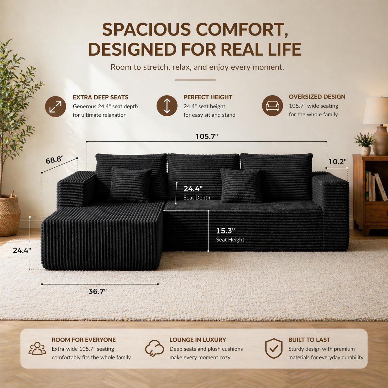 106" L-Shaped Contemporary Sectional Sofa - No-Assembly Modular Deep-Seat Corduroy Couch with Chaise, Cloud Cushions, Lazy Floor Sofa for Living Room, Playroom, Bedroom, 72h Full Expand Indoor Furniture, 27" Deep Seat 106" L-Shaped Contemporary Sectional Sofa - No-Assembly Modular Deep-Seat Corduroy Couch with Chaise, Cloud Cushions, Lazy Floor Sofa for Living Room, Playroom, Bedroom, 72h Full Expand Indoor Furniture, 27" Deep Seat