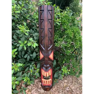 Hand Carved Hawaiian Lono Tiki Totem Pole Mask 39"x 6"in
