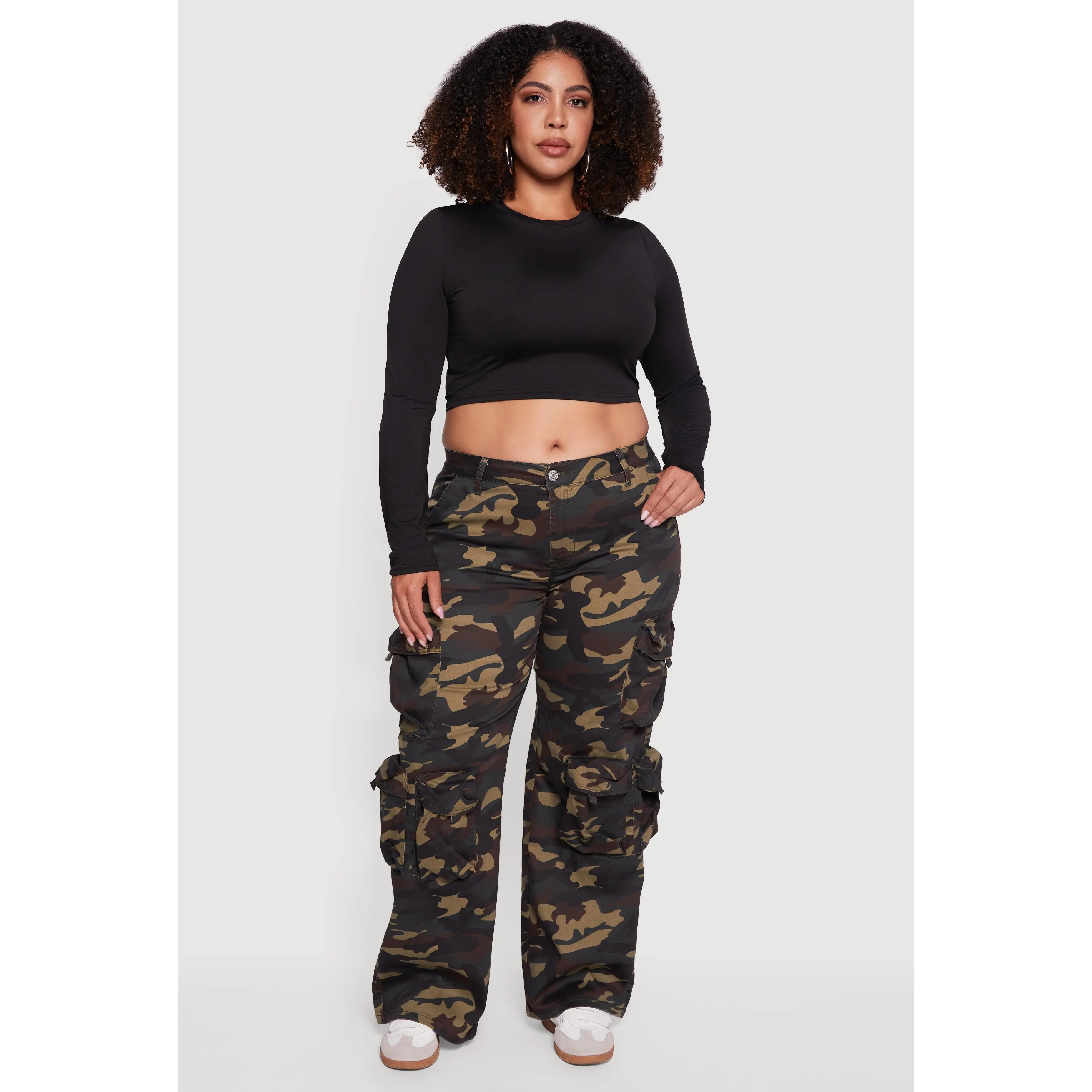Plus Size Camouflage Print Wide Leg Cargo Pants