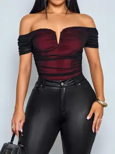 Women's Sexy Casual Knitted Tight-Fitting Bodycon Mesh Jumpsuit, Shoulderless Short Sleeve, Spring Summer for Travel Party Evening Beach