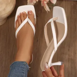 Trendy Women's Kitten Heels Thong Sandals Square Toe Heeled Flip Flops Casual Shoes