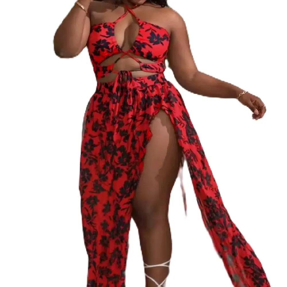 Women's Plus Size Leopard Print 3-Piece Bikini Set | Push-Up Swimsuit with Mesh Cover-Up Skirt