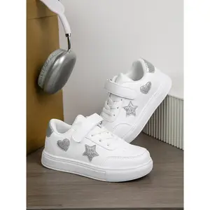 Cute Princess Style Girls' Casual Sneakers, Glitter Stars & Hearts Design, Velcro Closure, Sweet and Adorable for Daily Wear