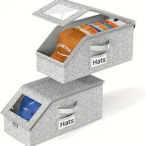 Large Capacity Foldable Stackable hBaseball Cap Storage Boxes wit Flip-Top Lid & Clear Window - Heavy-Duty Fabric Organizer with Labelled Compartments for Hats, Clothes, Dolls - Dustproof Closet, Shelf, Under-Bed Storage - Space-Saving Design, Durable Fab