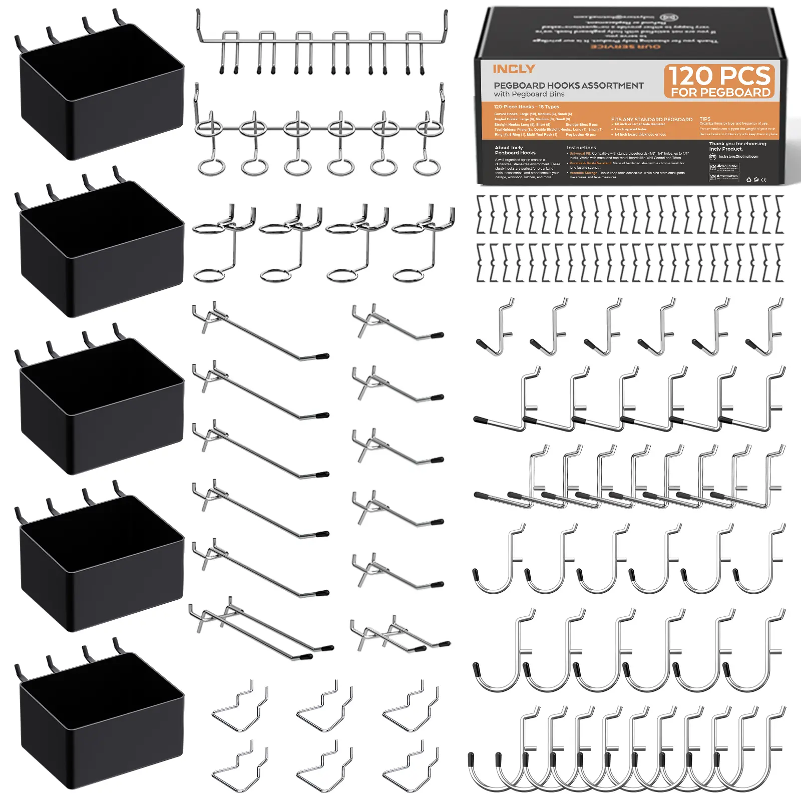 INCLY 120PCS Pegboard Accessories Organizer Kit with Peg Borad Hooks & Bins Peg Board Hooks Assortment, for Organizing Various Tools, Fit 1/8 or 1/4 inch Pegboard, For Garage Hanging & Storage Tools