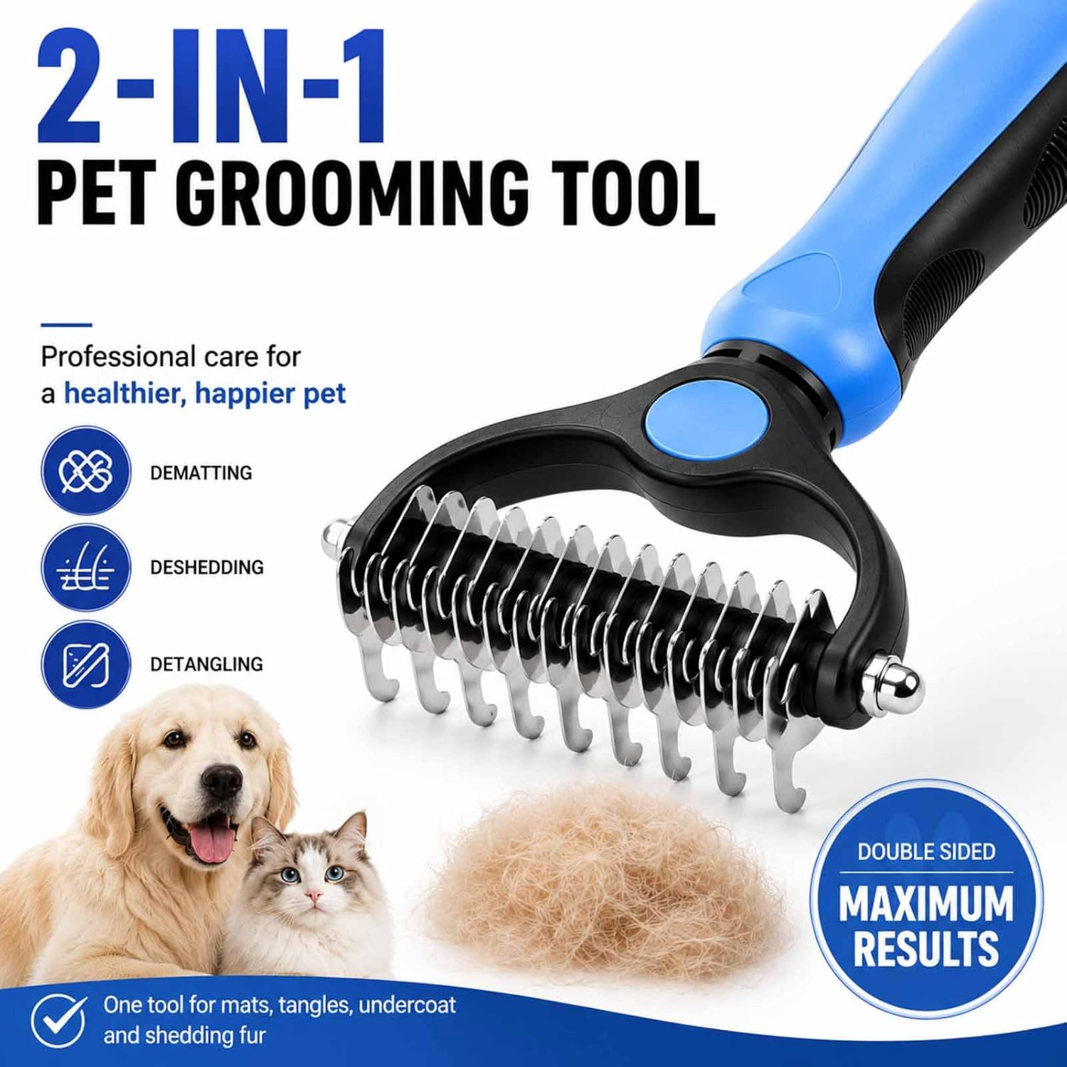 Pet Grooming Brush-Double Sided Hurtless Shedding and Dematting Undercoat Rake Comb for Dogs and Cats, No More Nasty Shedding or Flying Hair