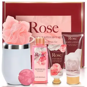 6Pcs Rose Scent Spa Gift Basket for Women with Tumbler, Luxury Bath & Body Care Set Including Shower Gel, Hand Cream & Bath Bomb, Ideal Mothers Day & Birthday Gifts for Her