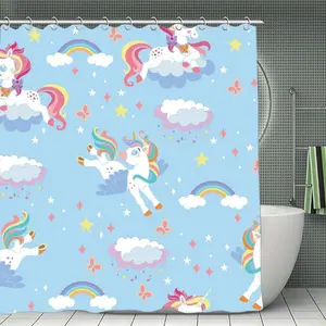 Unicorn and Rainbow Shower Curtain Lovely Cartoon Starry Design Waterproof Bathroom Decor for Girls Kids with Hooks 72 X 72 Inch