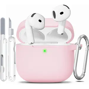 for AirPods 4 Case, Soft Silicone Case Compatible with Apple Airpods 4th Generation for Women Girly, Anti-Scratch Pink Case Cover with Cleaner Kit and Keychain, Drop Protection