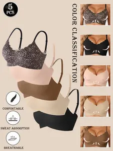 5-Pack Women's Seamless Push-Up Bra, No Underwire, Jelly Gel Lift, Backless, Slim-Fit, Casual Lingerie, All Seasons, Max Support