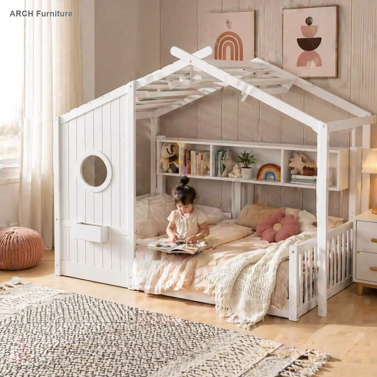 ARCH Twin-Size Montessori Floorbed for Toddlers - Contemporary Kids Furniture, Playhouse Design with Roof Shape, Storage Shelf, Partial Assembly, White, Unique Bed, Montessori Entry, 6" Mattress Fit, 77.75x42x61.8" Dimensions