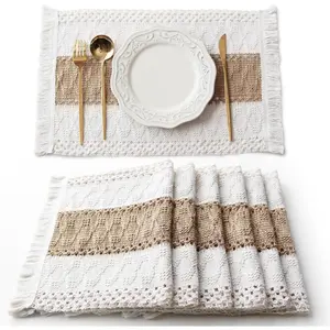 Boho Placemats Set of 6, Christmas Placemats Fall Placemats Macrame Table Decor and Farmhouse Style Placemats  Cotton Burlap, for Dining Table Centerpiece Thanksgiving Home Decorations