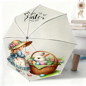 This Easter-themed waterproof folding umbrella features designs such as a bunny, Easter eggs, flower baskets, and is suitable for both men and women. It's portable and perfect for travel and everyday use.