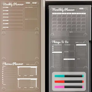 Non-Magnetic Clear Dry-Erase Acrylic Calendar Set for Fridge, 5 Pack with Monthly&Weekly Planner, Daily Schedule, Chore&Blank Board Sticks to Cabinet Door Glass Wall