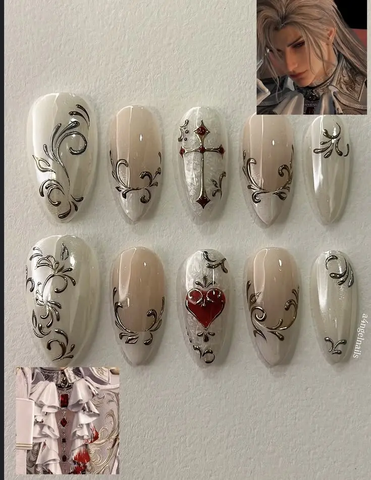 Sylus Inspired Press On Nails Handmade Gothic Baroque Silver Chrome Sacred Heart Cross Reusable Fake Nails | FREE Adhesive Tabs FREE Nail File FREE Cuticle Stick